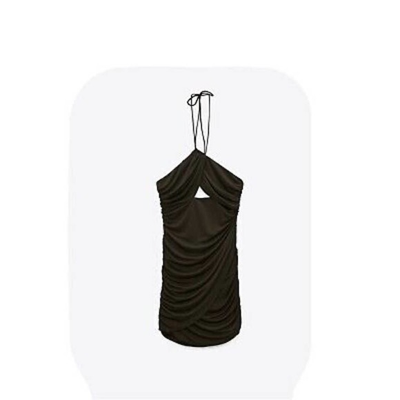 Zara Draped Cut Out Dress Bodycon Halter Neck Dark Khaki M NWT - Picture 2 of 5